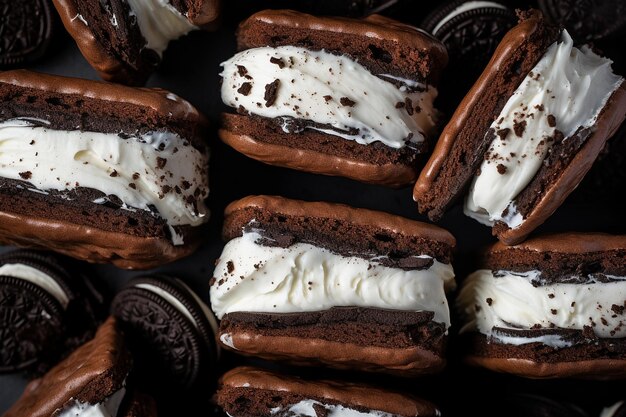 Fotografía aérea de un sándwich de helado con galletas y relleno de crema