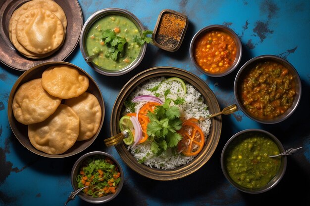 Foto fotografía aérea de una selección de bocadillos de comida callejera como pav bhaji y pani puri