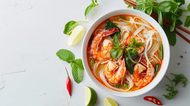 Fotografía aérea de una sopa de fideos Tom Yum en un fondo blanco minimalista