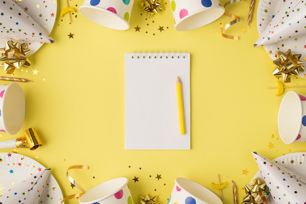 Fotografía aérea de tazas, bebidas, platos de proa, sombrero de cumpleaños, canapé, vela, confeti, silbato y bloc de notas blanco vacío con lápiz, aislado en el fondo amarillo.