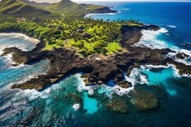 Fotografía aérea tomada por un avión no tripulado de una isla volcánica de Hawai