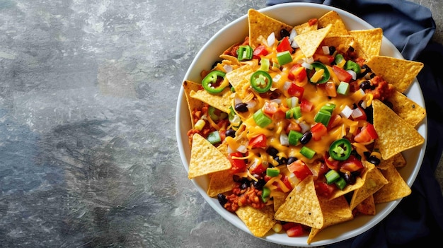 Fotografía aérea de Veggie Nachos en un cuenco blanco