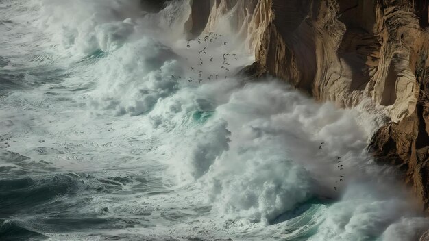 Fotografía aérea vertical de las olas del mar golpeando el acantilado