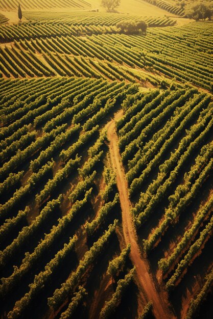 Una fotografía aérea de un viñedo con filas de vides
