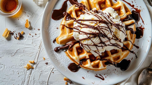 Fotografía aérea de Waffle Sundae con helado en un fondo minimalista