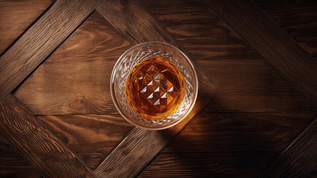Fotografía aérea de whisky en mesa de madera Trazado de rayos de alta calidad