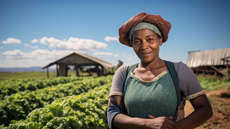 Fotografía de una agricultora africana parada en una granja y cultivando en un día soleado