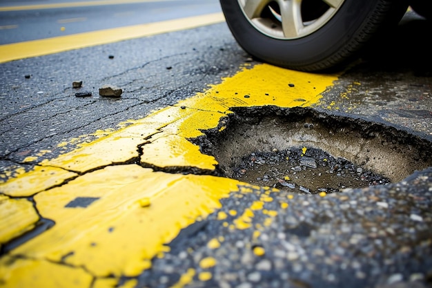 Fotografía de un agujero en el asfalto urbano con línea amarilla