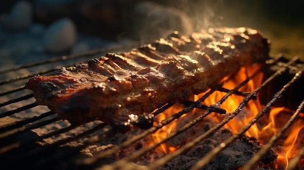 Foto una fotografía al aire libre de unas deliciosas costillas de vaca al fuego listas para servir