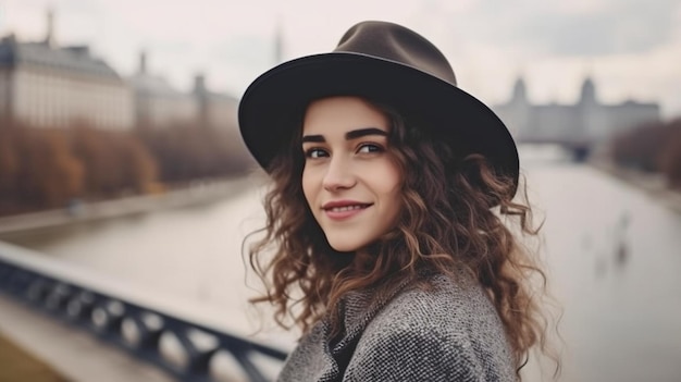 Fotografía al aire libre de una encantadora mujer europea con cabello rizado recorriendo una ciudad europea IA generativa