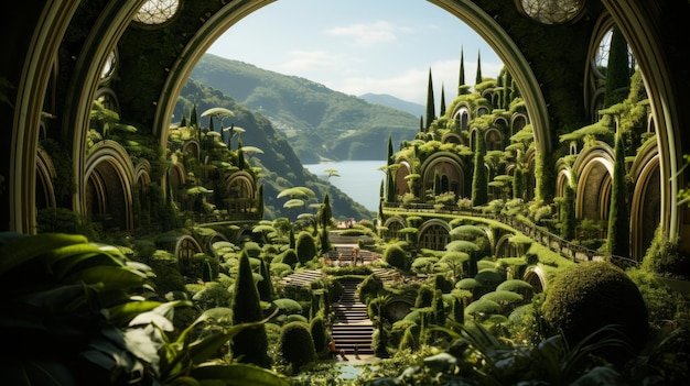 Fotografía al aire libre de un exuberante jardín verde psicodélico al aire libre amurallado por Wes Anderson y Vincent Calle