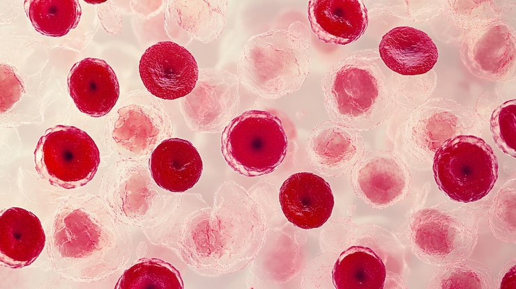 Foto fotografía al microscopio frotis de sangre glóbulos rojos individuales y glóbulos blancos claros morfología celular textura superficial detallada profundidad sutil del entorno de laboratorio de campo iluminación fría