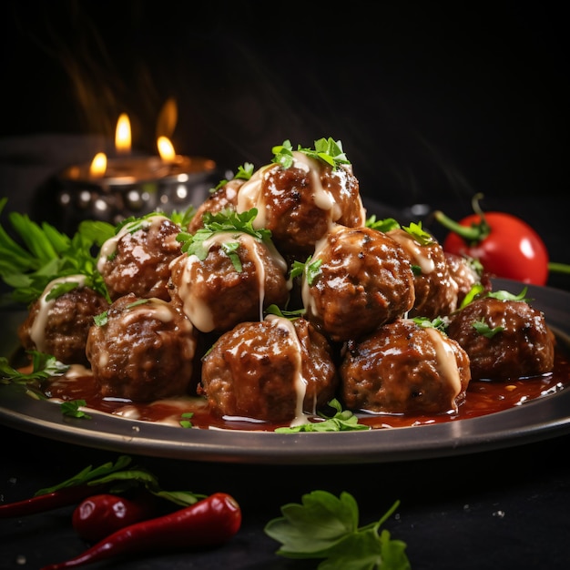 fotografía de albóndigas redondas jugosas saladas en un plato de cerámica IA generativa