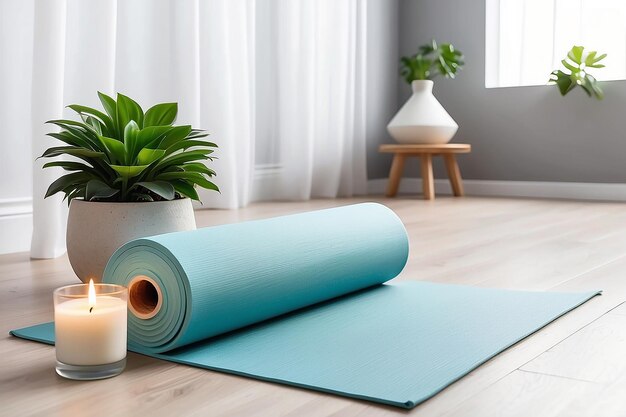 Fotografía de alfombra de yoga en la sala de yoga con vela perfumada de bola de planta y fondo de cortina blanca