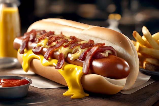 Fotografia alimentar de cachorro-quente delicioso coberto com queijo derretido, salsicha grande, cebola bem grelhada