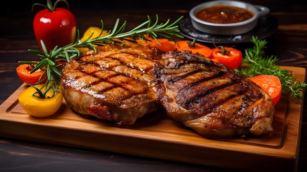 Fotografía de alimentos de alta calidad de carne y verduras a la parrilla sobre un fondo oscuro en resolución 4K