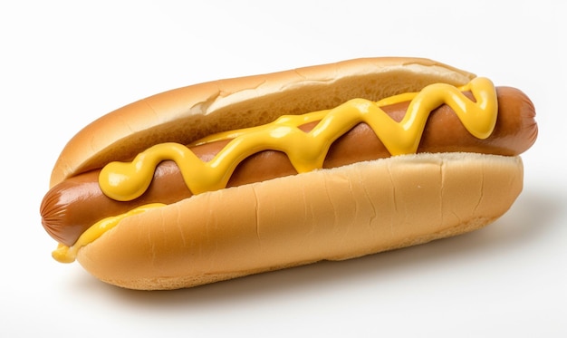 Fotografía de alimentos Cerrar delicioso hot dog con mostaza aislado sobre fondo blanco.