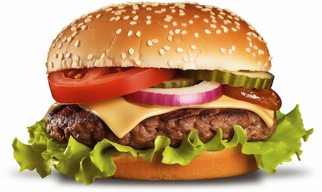 Fotografía de alimentos Cerrar una hamburguesa con queso con empanada de ternera encurtidos queso tomate cebolla lechuga y