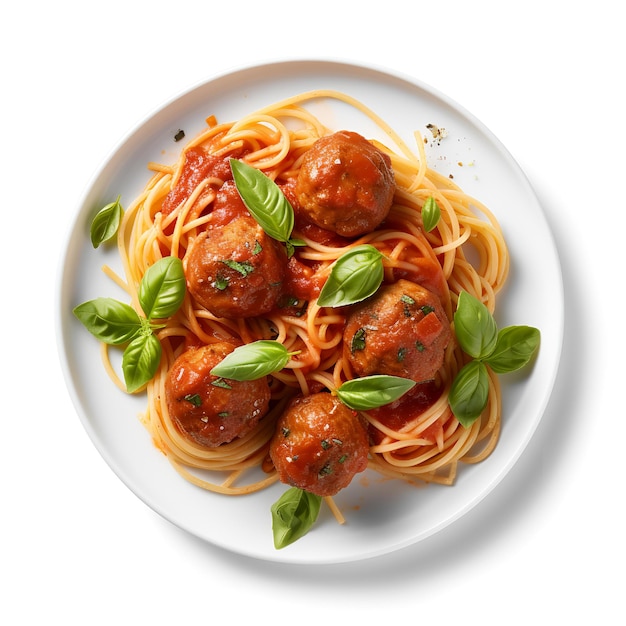 Fotografía de alimentos de espaguetis con albóndigas en placa aislado sobre fondo blanco.
