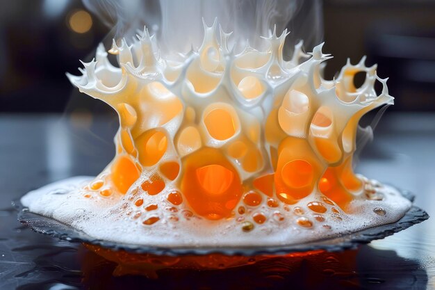 Fotografía de alta velocidad Captura de salpicaduras de naranja vívidas en la leche con formación dinámica de la corona de gotas