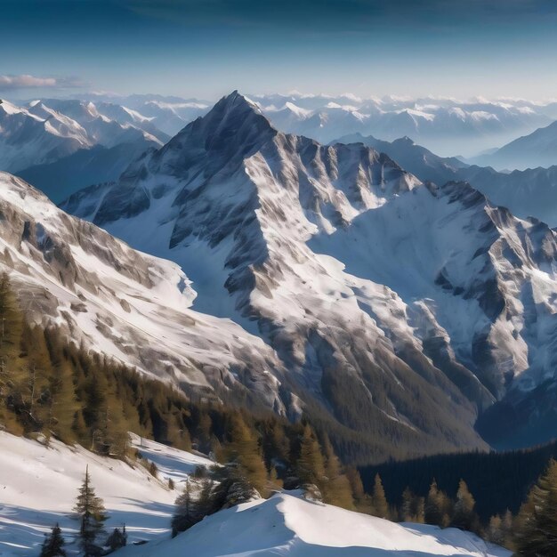 Fotografía de alto ángulo de una hermosa cordillera cubierta de nieve bajo el cielo nublado