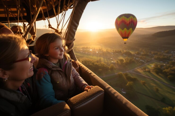 Fotografía amplia de la familia y los amigos en un globo de aire caliente temprano en la mañana