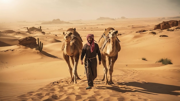 Fotografía amplia de un macho y dos camellos caminando por el desierto marroquí durante el día