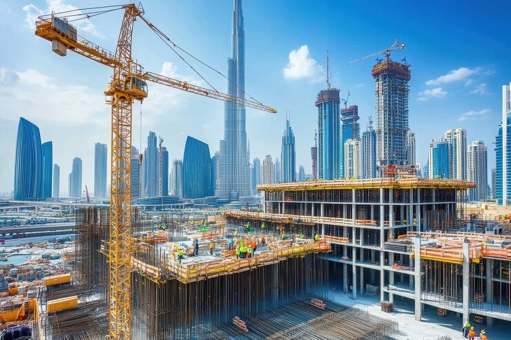 Fotografía de amplio ángulo de un sitio de construcción activo con trabajadores y equipos