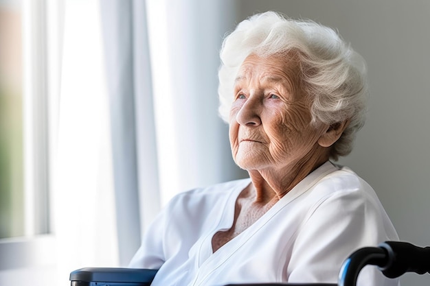 Fotografía de una anciana sentada en su silla de ruedas creada con IA generativa