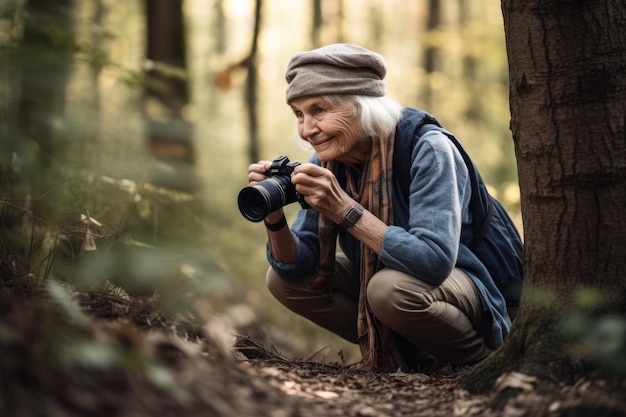 Fotografía de una anciana tomando fotos con su cámara en el bosque creada con IA generativa