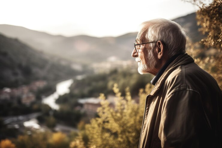 Fotografía de un anciano mirando la vista en la naturaleza creada con IA generativa