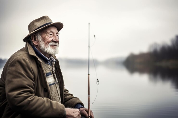 Fotografía de un anciano con su caña de pescar en el lago creada con IA generativa
