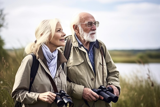 Fotografía de un anciano con su esposa en un viaje de observación de aves creada con IA generativa