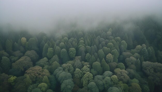 Fotografía en ángulo alto de un hermoso bosque con muchos árboles verdes envueltos en niebla en Nueva Zelanda