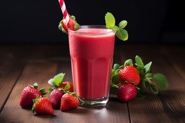 Fotografía en ángulo alto de una jarra de vidrio llena de jugo de fresa roja vibrante