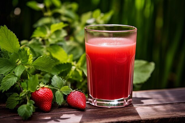 Fotografía en ángulo alto de una jarra de vidrio llena de jugo de fresa roja vibrante