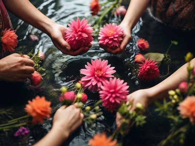 Fotografía de ángulo alto de personas con las manos en el agua con flores ritual del domingo de las palmeras