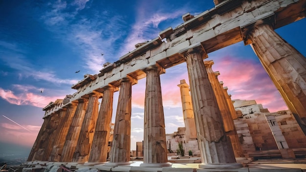 Foto fotografía en bajo ángulo de las columnas del panteón de la acrópolis en atenas, grecia, bajo el cielo