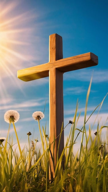 Fotografía de bajo ángulo de una cruz de madera hecha a mano en un campo cubierto de hierba con un azul