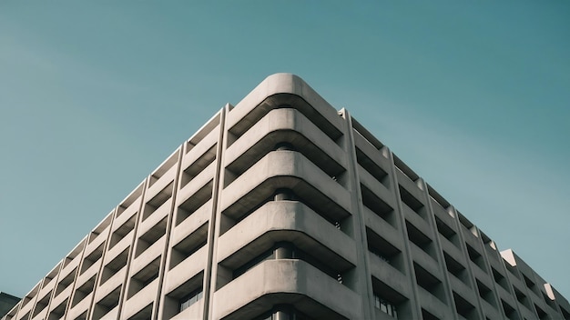 Fotografía en bajo ángulo de un edificio de hormigón gris que representa la arquitectura moderna