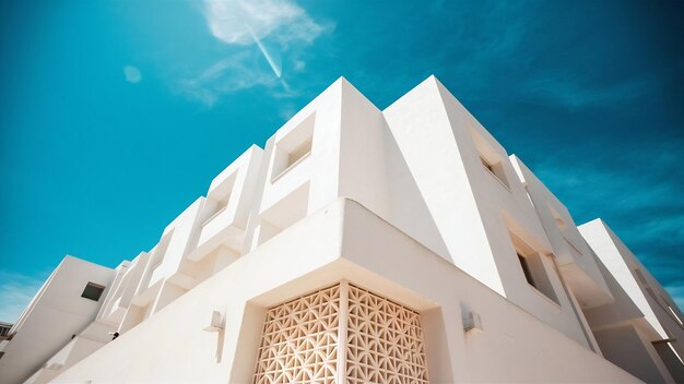 Fotografía de bajo ángulo de una fachada de un edificio moderno blanco bajo un cielo claro azul