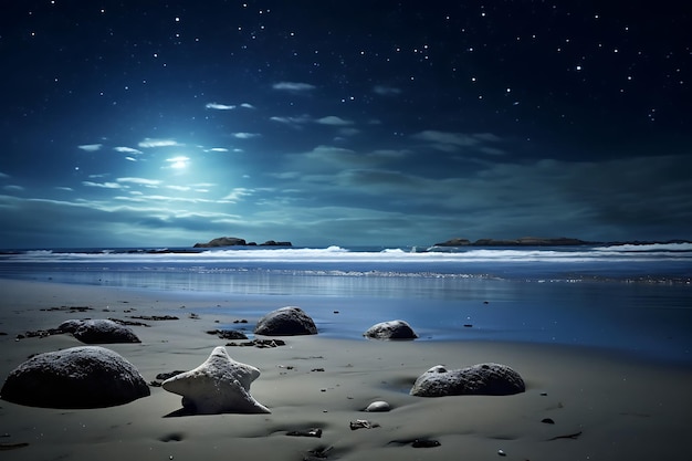 Fotografía de animales en una playa iluminada por la luna