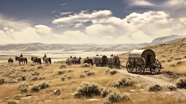 Fotografia antiga simulada de vagões no Oregon