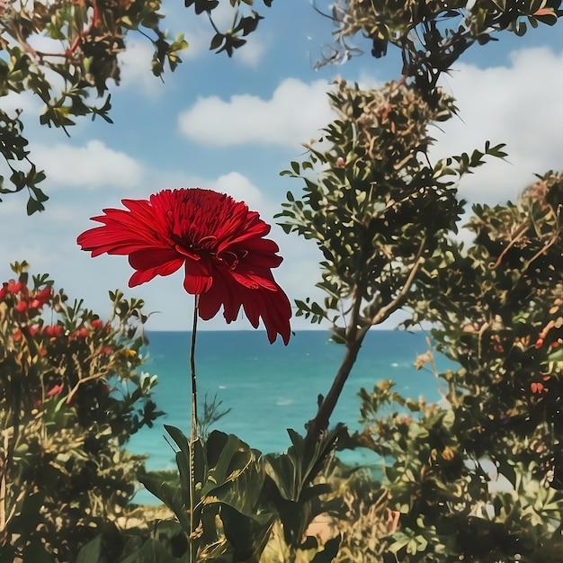 una fotografía antigua de una hermosa flor roja con vistas al mar