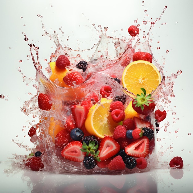 Fotografía araffy de un plato de fruta con agua salpicando IA generativa