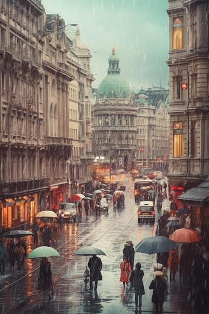 Fotografía de archivo de una ciudad en un día lluvioso