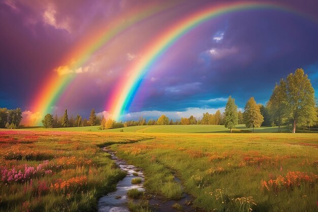 Foto una fotografía de un arco iris vibrante que se extiende sobre un prado en flor