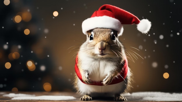 una fotografía de una ardilla vestida con traje y sombrero de Papá Noel para la celebración navideña