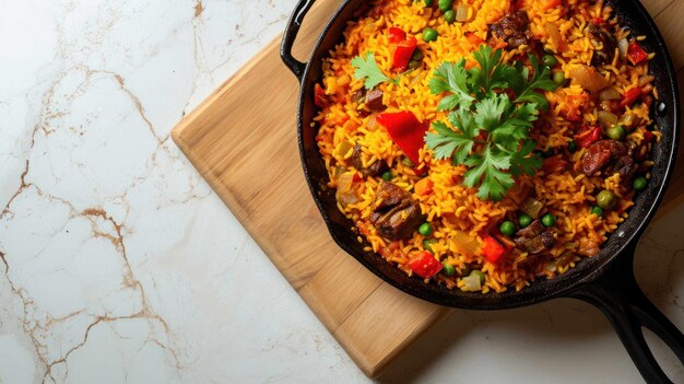 Foto fotografía de arriba hacia abajo de una clásica paella valenciana sobre un fondo blanco prístino