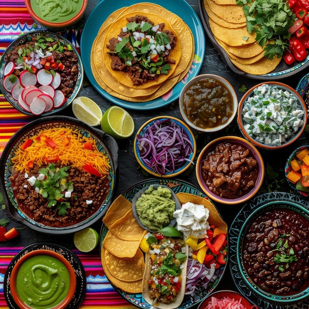 Fotografía de arriba hacia abajo de una fiesta tradicional mexicana con tacos, salsas y acompañamientos